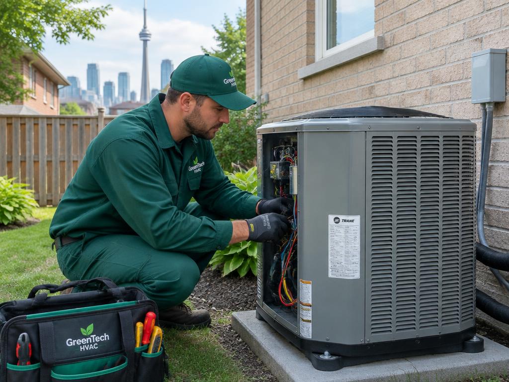 Technician servicing an outdoor central air conditioner condenser beside a house