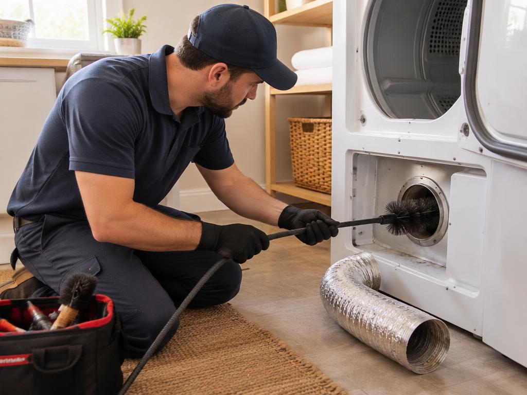 Technician cleaning a clothes dryer exhaust vent with a brush