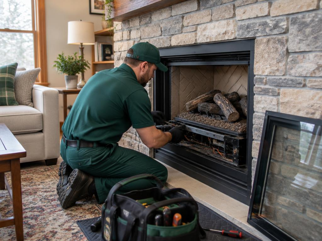 Technician servicing a gas fireplace insert in a living room