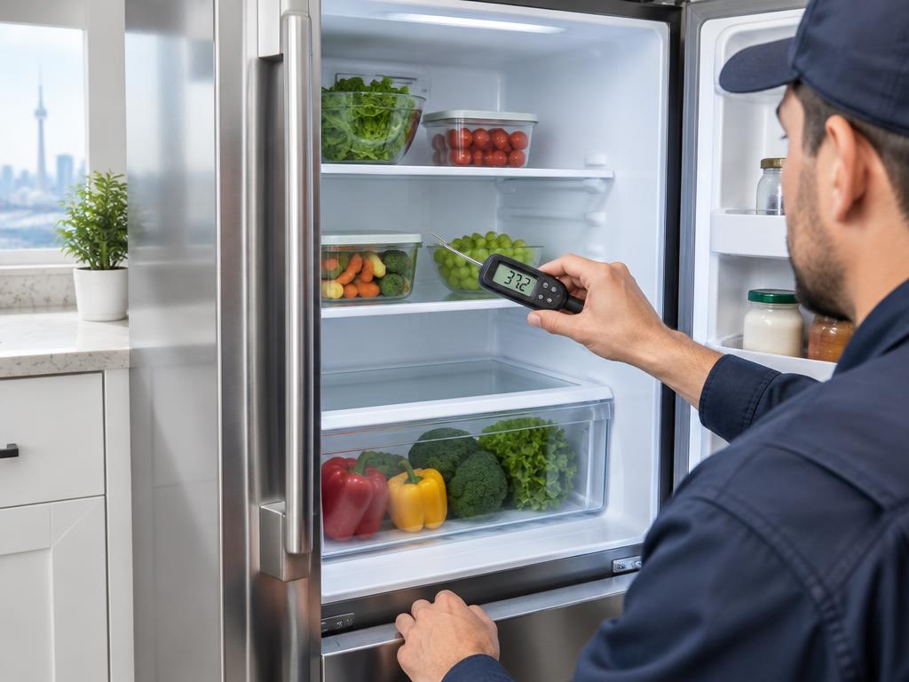 Technician checking the temperature inside an open refrigerator