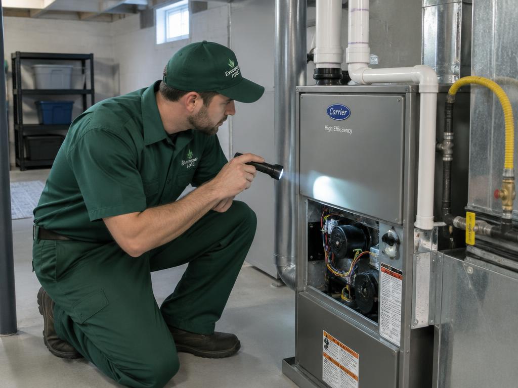 Technician inspecting a high-efficiency gas furnace in a basement with a flashlight