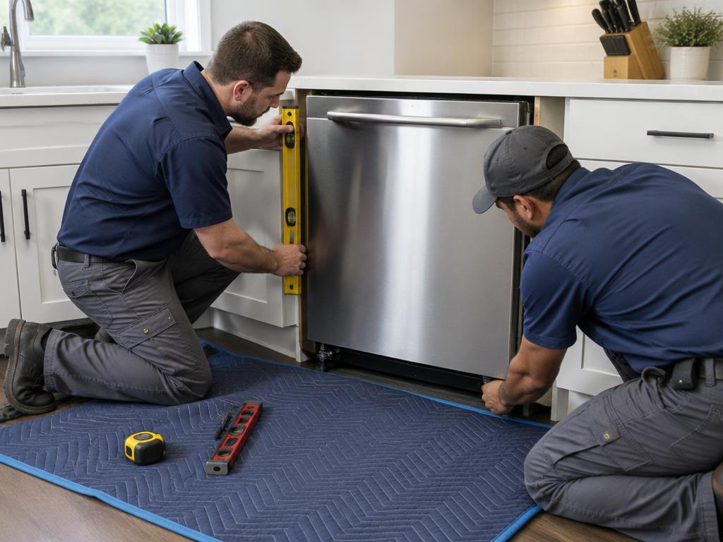 Two technicians levelling a new dishwasher during installation