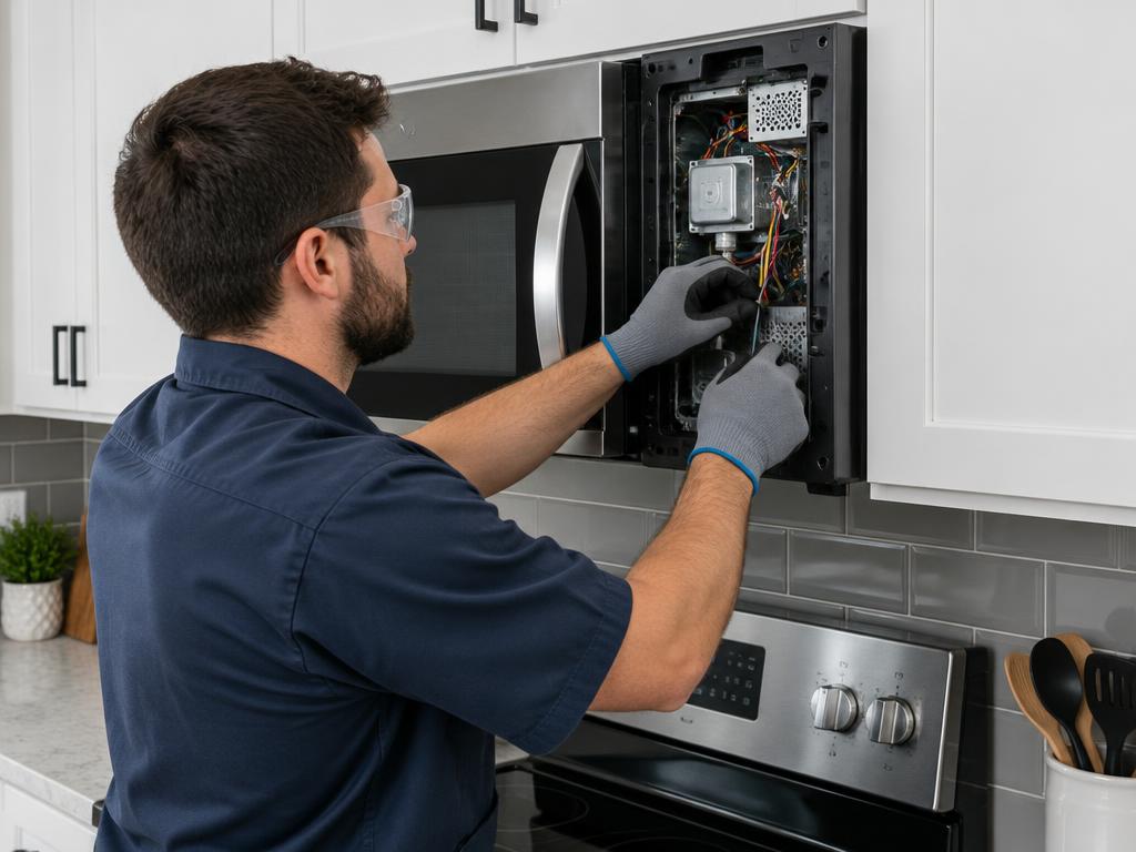 Technician wearing safety glasses repairing an over-the-range microwave