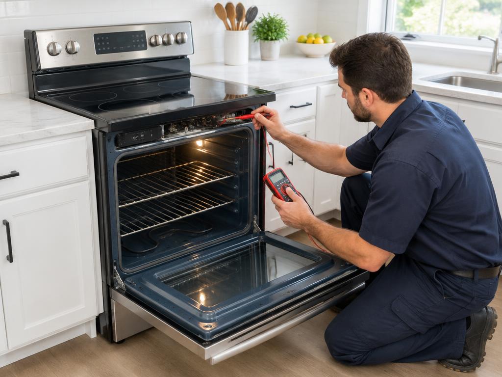 Technician testing a stainless steel electric range with the oven door open