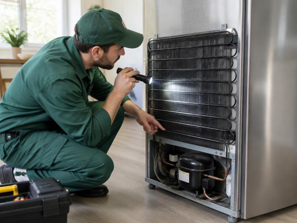 BrightOak technician inspecting refrigerator condenser coils with a flashlight