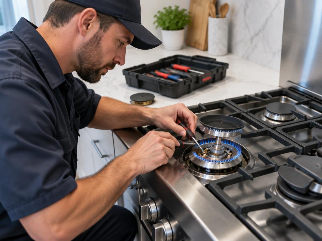 Technician servicing a gas cooktop burner with a blue flame