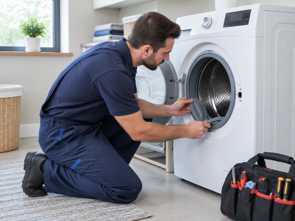 Technician inspecting the door seal of a front-load washing machine