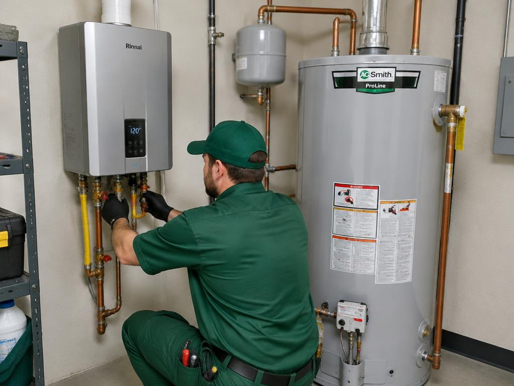 Technician servicing a tankless water heater and a tank water heater in a utility room